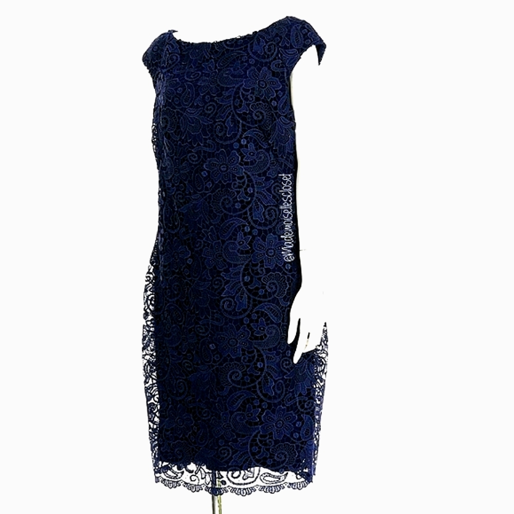 Ralph Lauren Navy with Scalloped Lace Cocktail Dress. - Picture 3 of 8